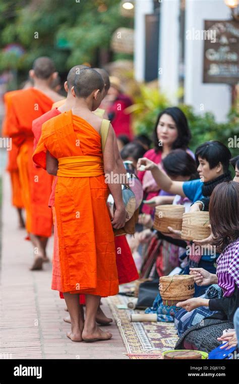 Dawn Procession Of Buddhist Monks Collecting Alms Hi Res Stock