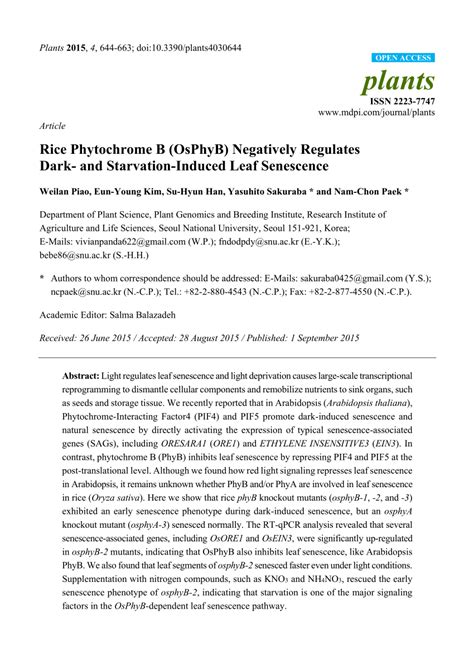 Pdf Rice Phytochrome B Osphyb Negatively Regulates Dark And Starvation Induced Leaf Senescence