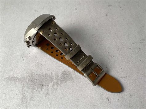 Racing Vintage Perforated Leather Watch Strap Grey Beige Watch