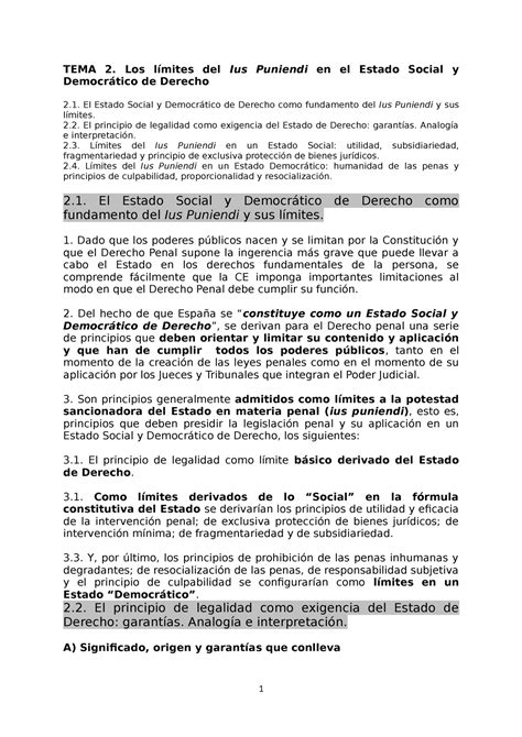 Tema 2 LÍ Mites Ius Puniendi Feb 23 Tema 2 Los Límites Del Ius Puniendi En El Estado Social Y