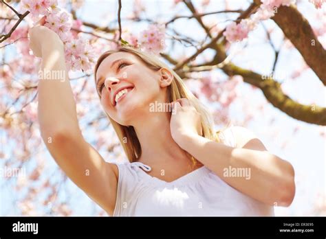 Blonde Girl Standing At Cherry Blossom In A Garden Under A Blooming Tree Stock Photo Alamy