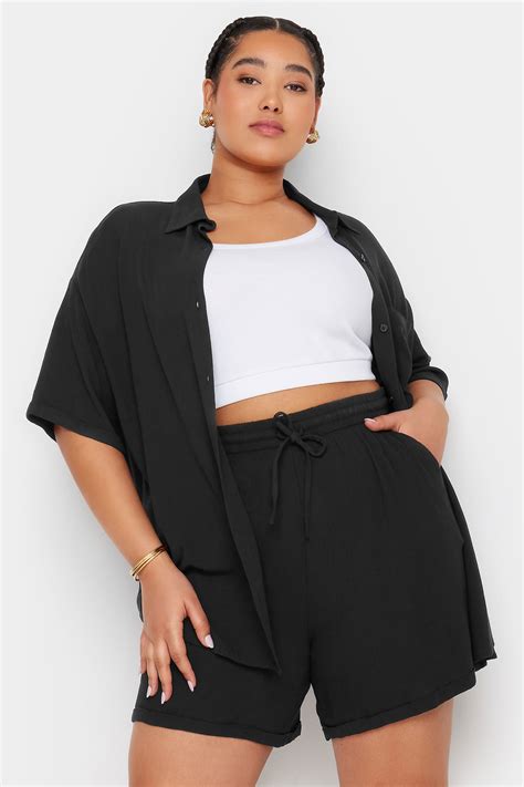 Yours Plus Size Curve Black Crinkle Tie Drawstring Shorts Yours Clothing