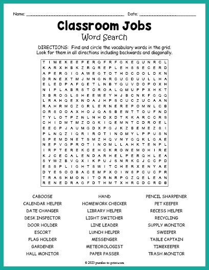 Classroom Jobs Word Search