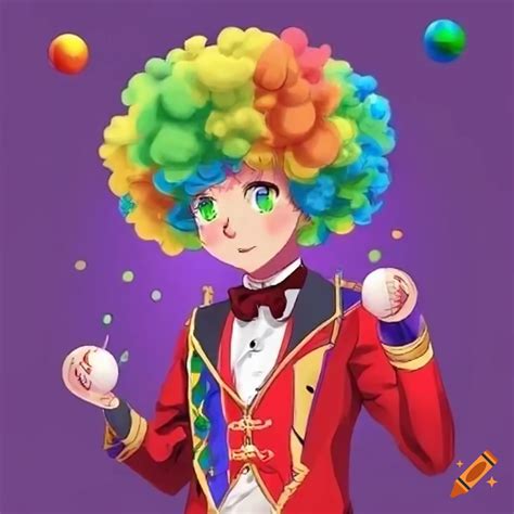 Colorful Anime Circus Boy In Ringmaster Uniform With Rainbow Afro Wig