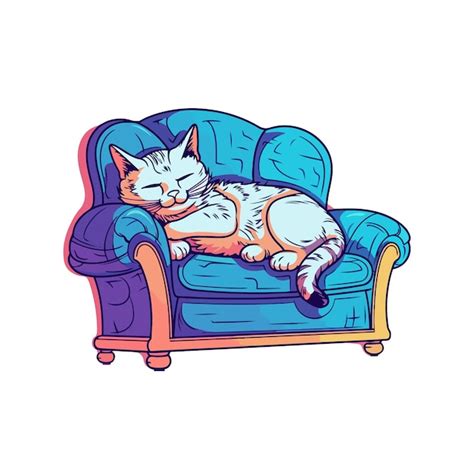 Dessin Animé Mignon De Chat Sur Le Canapé Bleu Vecteur Premium