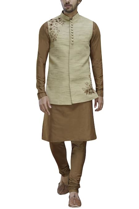 Buy Beige Cotton Silk Bundi Kurta Set For Men By Manish Nagdeo Online