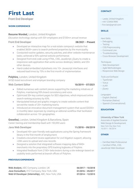 Front End Developer Cv Examples For Resume Worded