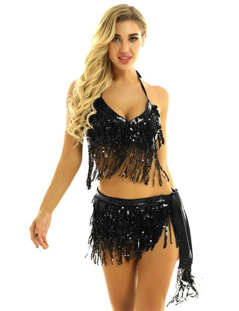 Women Sequin Tassels Belly Dance Bra Top Halter Fringe Hip Skirt Rave