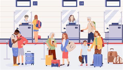 People With Luggage At Airport Check In Counters Terminal Desks During