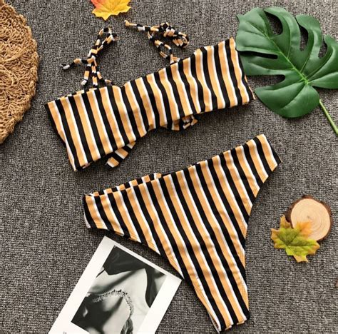 Style Bikini Sexy Stripe High Waisted Split Swimsuit On Luulla