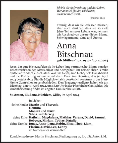 Todesanzeigen Von Anna Bitschnau Todesanzeigen Vorarlberger Nachrichten