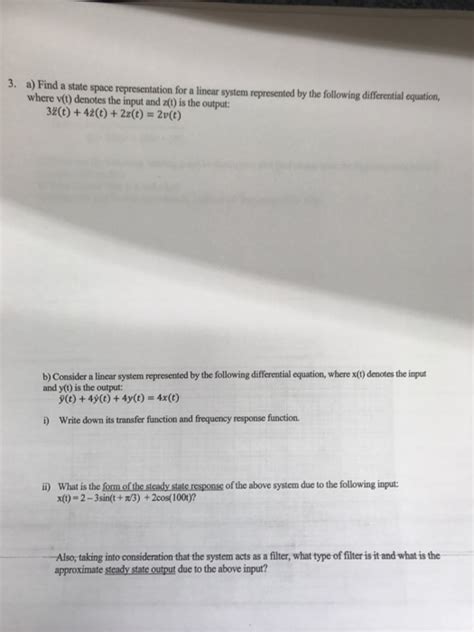 Solved Find A State Space Representation For A Linear System Chegg