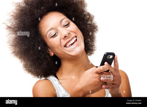 Beautiful African American Woman Sending A Sms On Cell Phone Isolated