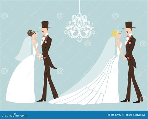 Cute Retro Wedding Set Cartoon Couple Bride And Groom Eps Stock Vector