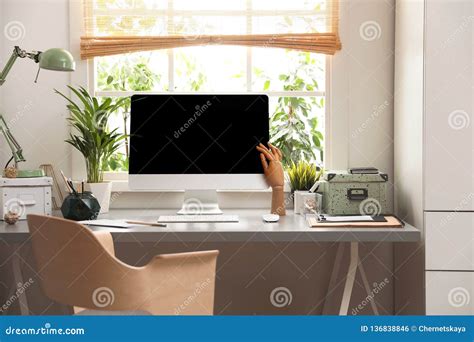 Light Work Place With Computer Near Window At Home Stock Photo Image