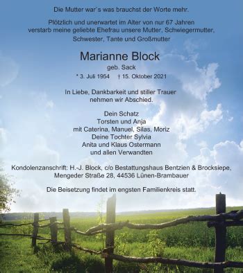 Traueranzeigen Von Marianne Block Trauer In NRW De