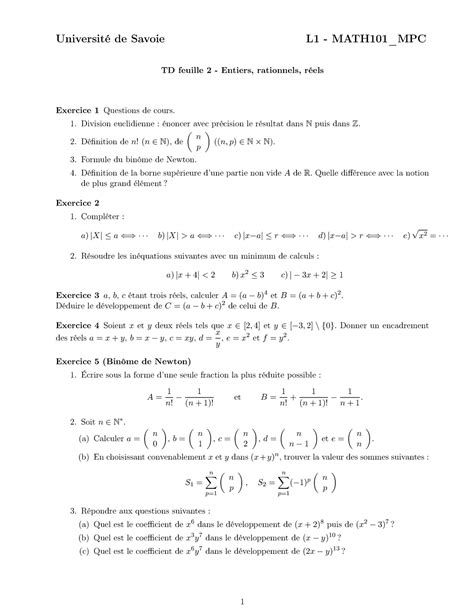 MATH101 TD2 Entiers rationnels réels de Savoie L1 MATH101 MPC TD