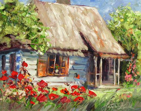 A Painting Of A Cottage With Red Flowers In The Foreground And Green