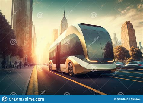 Autonomous Shuttle Bus Travelling On Futuristic City Street Stock