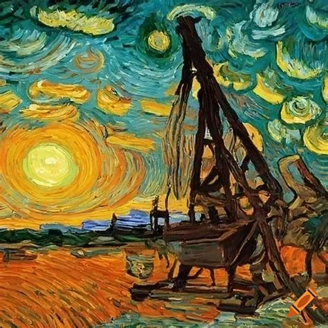 Pumpjack At Desert Sunset Inspired By Vincent Van Gogh On Craiyon