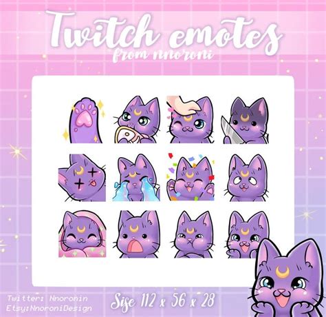 Big Set Purple Moon Cat Twitch Emotes Sub Badges Cat Emotes