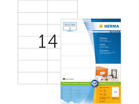 HERMA Universal Etiketten 105x42 3mm 4674 Weiss 1400 St 100 Blatt