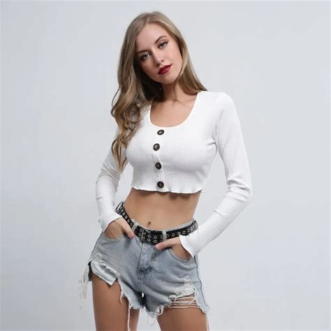 white t shirt long sleeve crop top plus size women ribbed tshirts ...