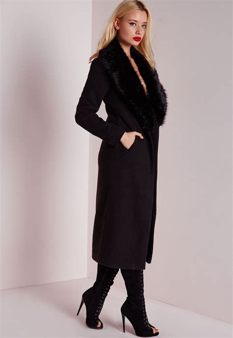 Missguided Longline Faux Wool Coat With Faux Fur Collar Black