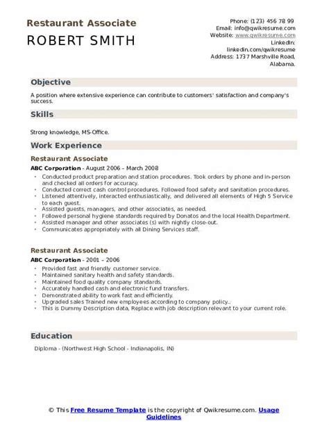 Restaurant Associate Resume Samples Qwikresume