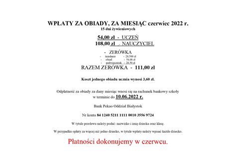 Opłata za obiady za miesiąc czerwiec 2022 Szkoła Podstawowa nr 11 z