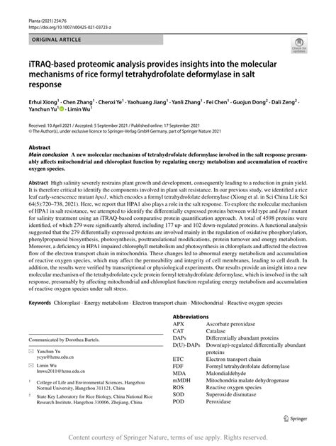 Itraq Based Proteomic Analysis Provides Insights Into The Molecular