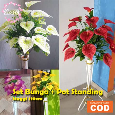 Set Bunga Pojok Aron Cabang Plus Pot Kerucut Standing Besi Panda