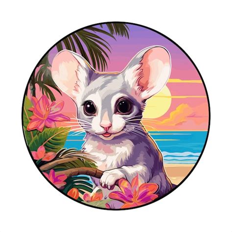 Souris Dessin Animé Coloré Kawaii Personnage Plage Coucher De Soleil