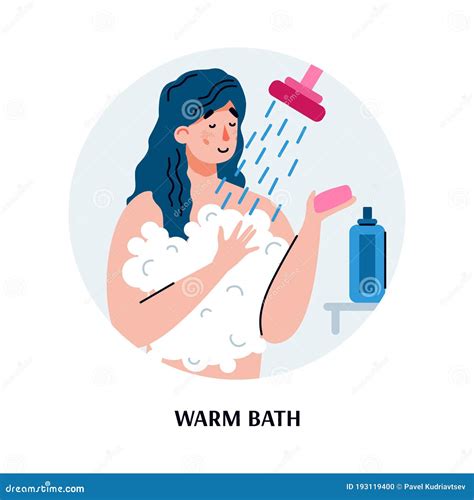 Woman Taking Warm Shower With Soap Bubbles In Bath Room Stock Vector