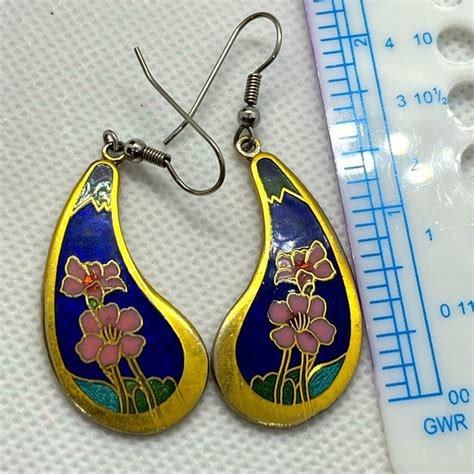 Vintage Jewelry Cloisonn Floral Tear Drop Earrings Gold Tone Copper