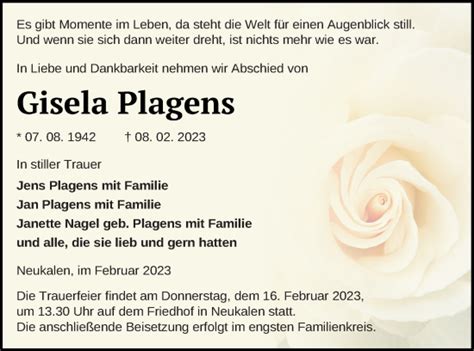 Traueranzeigen Von Gisela Plagens Trauer Nordkurier