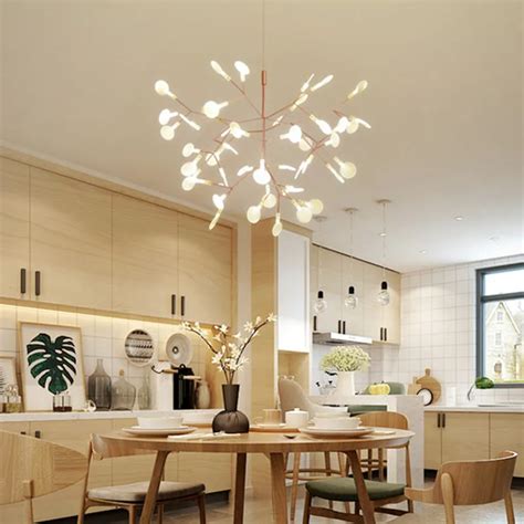 Nordic Minimalist Dining Room Led Firefly Chandelier Art Tree Leaves