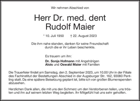 Traueranzeigen Von Dr Med Dent Rudolf Maier Mittelbayerische Trauer