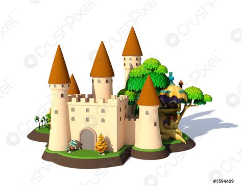 3d Isometrische Fantasie Cartoon Middeleeuwse Kasteel Geïsoleerd Op Witte Stockfoto 1594409