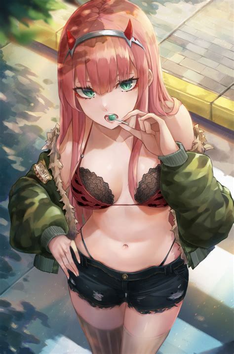 Wallpaper Bikini Top Cleavage Darling In The Franxx Horns Open Shirt Sweater Thigh Highs