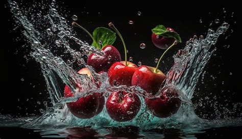 Premium AI Image Cherries Falling Into A Water Splash