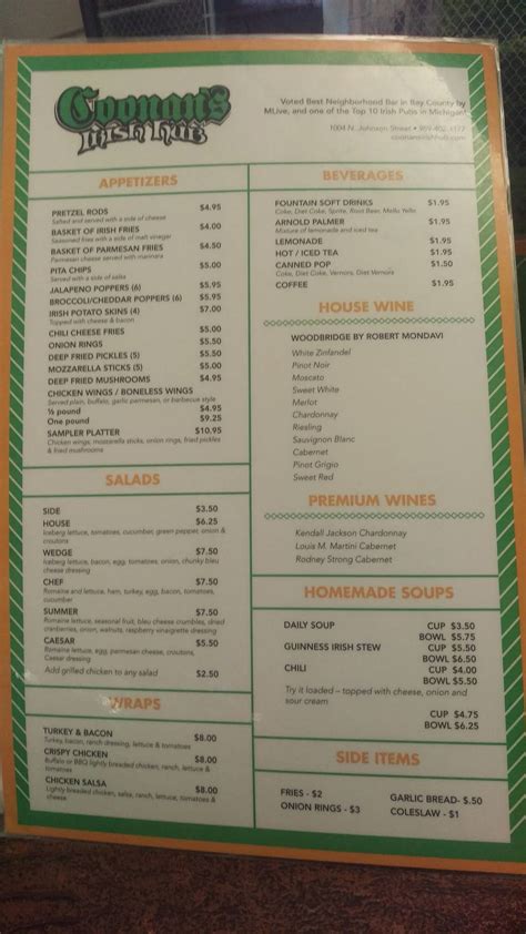 Menu At Coonan S Irish Hub Pub And Bar Bay City