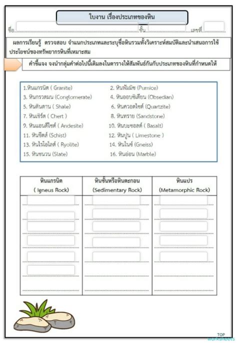 ใบงานเรื่องประเภทของหิน ใบงานเชิงโต้ตอบ Topworksheets