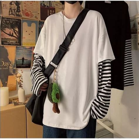 Long Sleeve Fake Two Piece T Shirt Striped Big Shirts Men Clothing Men