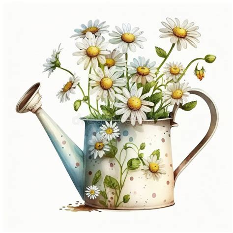 Watering Can With Beautiful White Daisy Flowers Watercolor Isolated On