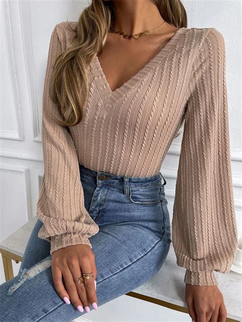 Solid Lantern Sleeve V Neck Rib Knit Tee Shein Usa Long Sleeve Tops