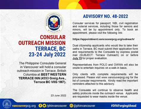 Advisory No 48 2022 Consular Outreach Mission Terrace Bc Vancouver Philippines Consulate