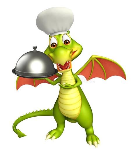 Dragon Cartoon Character With Chef Hat And Cloche Stock Illustration