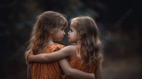 Two Sisters Hugging In The Dark Background Picture Of Best Friends Together Background Image