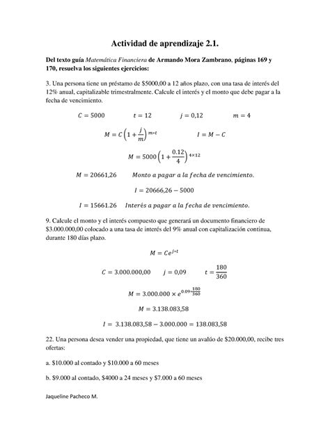 Matemáticas Financieras Ejercicios Actividad de aprendizaje 2 Del